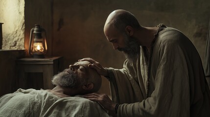 Cinematic, Ananias approaching a blind and bearded Saul, bald and aged, lying on a simple cot in Damascus © Daniel