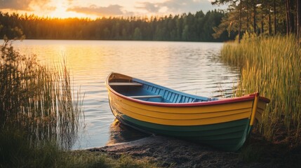 A colorful rowboat rests on a calm lake shore with a scenic sunset behind it.