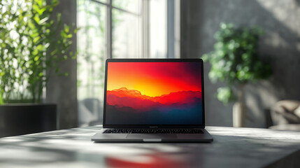 Fototapeta premium 3D render of a MacBook Pro laptop on a white table, with a grey wall and a green plant in the background.