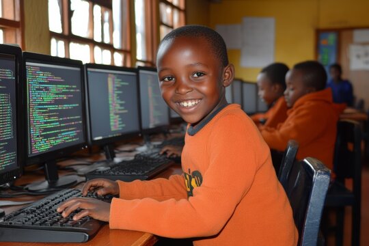 Young boy is sitting at a computer with a smile on his face. He is wearing an orange sweater and is typing on a keyboard. a happy Kenyan school children learning coding, summer time