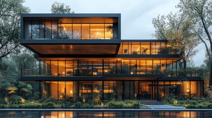 Fototapeta premium A contemporary urban office building with a glass faÃ§ade, green terraces, and an open-concept interior, designed to foster creativity and collaboration.