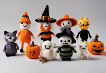 Naklejka premium A collection of Halloween-themed knitted toys displayed against a plain white background.