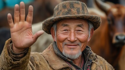 Fototapeta premium Asian Man with a hat and beard is waving to the camera. He is smiling and he is happy