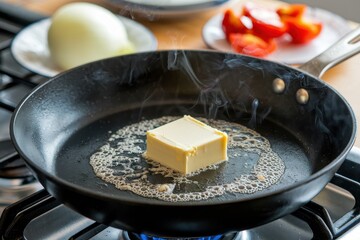 A pan of butter is melting on a stove