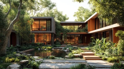 Naklejka premium A modern urban school with open spaces, sustainable architecture, and outdoor learning areas, designed to foster creativity and well-being among students.