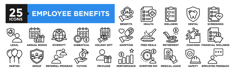 Employee Benefits icon collection set. Containing design employee, business, insurance, health, pay, benefit, bonus