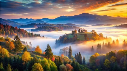 Misty Morning Landscape Banner Featuring Mountains, Forest, and Trees in a Serene Natural Setting for Your Designs