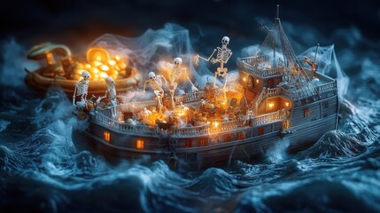 Ghostly pirate ship with skeleton crew in stormy sea, dramatic lighting and eerie atmosphere.