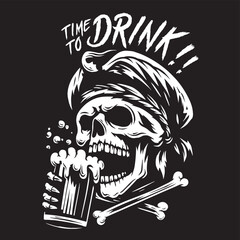 Vintage illustration of a skull drinking beer