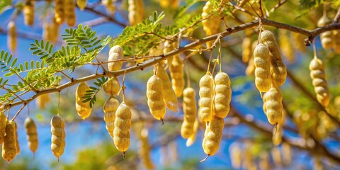 Closeup of yellow white dry seedpods hanging from branches of Arizona Mesquite tree Eye Level