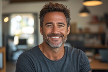 Obraz premium Portrait of a joyful man in his 40s wearing a versatile buff isolated in stylized simple home office background --ar 3:2 --style raw --stylize 300 --v 6.1 Job ID: 0af6faa3-58d1-42ae-9ba8-00d62866b637