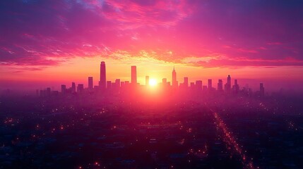 A panoramic view of an urban skyline at twilight, with the soft glow of city lights and the silhouettes of iconic buildings creating a serene and captivating scene.