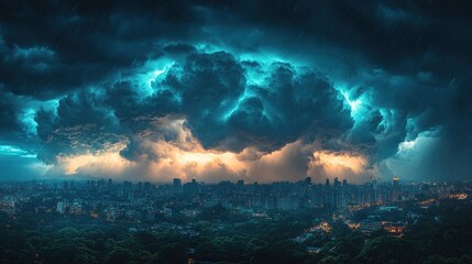 Fototapeta premium A panoramic view of an urban skyline during a storm, with dark clouds looming over the city and the first drops of rain creating a dramatic and intense atmosphere.