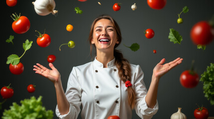 A cheerful chef stands amidst an array of floating vegetables, expressing joy and enthusiasm for cooking in a vibrant kitchen atmosphere filled with fresh ingredients