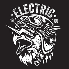 Vintage illustration of a bird head wearing a helmet with electric effects