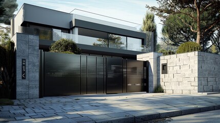 Modern Black Gate and Stone Wall in Front of a Grey House