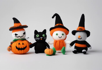 A collection of Halloween-themed knitted toys displayed against a plain white background.