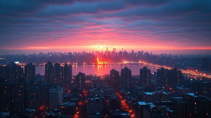Fototapeta premium A panoramic view of an urban skyline at sunrise, with the first light of day illuminating the buildings and streets, symbolizing a new beginning in the city.