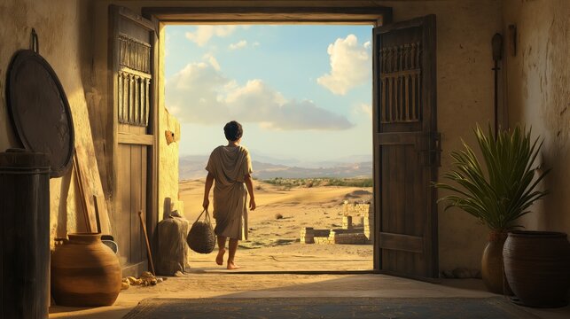  prodigal son leaving his family home with his belongings.  Biblical story