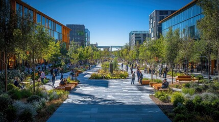 A meticulously designed urban plaza with wide-open spaces, art installations, and seating areas, creating a welcoming environment for people to gather and enjoy the city.