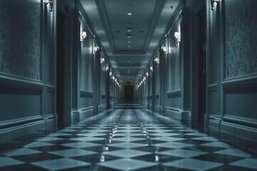 Interior of a hotel corridor with lights and reflections in the corridor