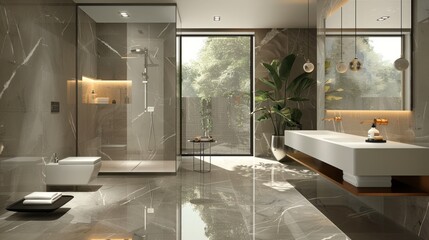 Modern Bathroom with Shower, Sink, and Large Window