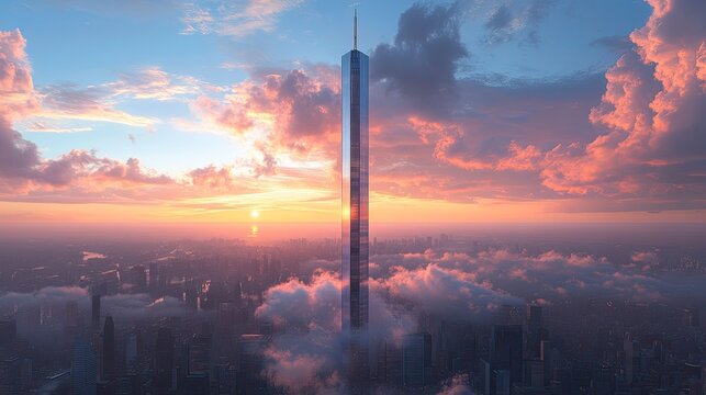 A sleek urban skyscraper with a distinctive design, towering above the surrounding buildings, symbolizing the city's growth and ambition.