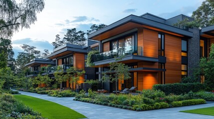 A stylish urban residential area with contemporary architecture, green spaces, and communal areas, designed to create a vibrant and sustainable community in the city.