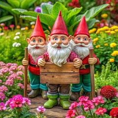 Obraz premium Three garden gnomes with blank wooden banner standing in colorful flowers. Background for gardening, spring