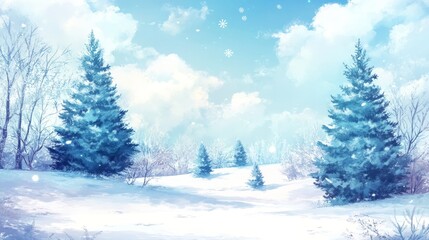 A serene winter landscape with snow-covered trees and a bright blue sky filled with clouds.