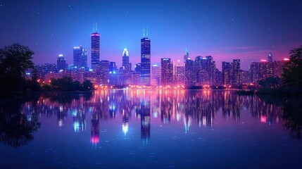 Fototapeta premium A panoramic view of an urban skyline at night, with the city lights creating a dazzling display against the dark sky, capturing the energy and allure of city living.