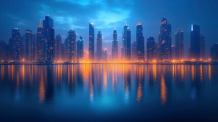A panoramic view of an urban skyline at night, with the city lights creating a dazzling display against the dark sky, capturing the energy and allure of city living.