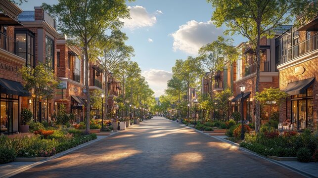 A well-designed urban street with wide sidewalks, tree-lined paths, and a mix of shops and residential buildings, promoting walkability and community interaction.