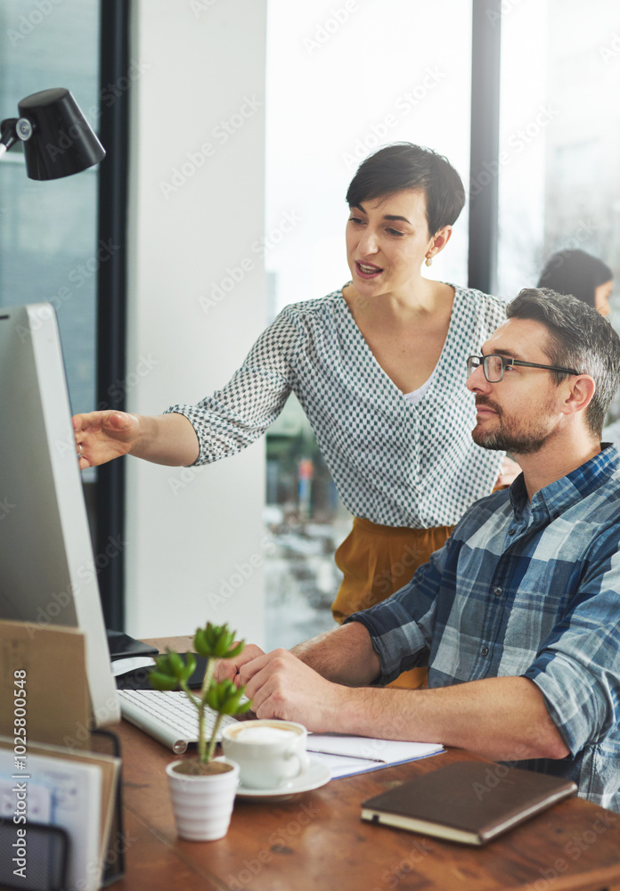 Aufkleber Business, people and assistant with pointing at computer for helping with company database and files upload on system. Professional, manager or talking to data entry clerk for administration feedback