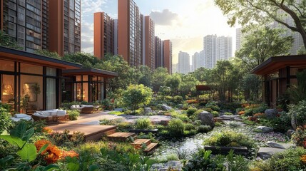 Fototapeta premium A meticulously planned urban housing development with eco-friendly designs, communal gardens, and shared spaces, promoting sustainable and community-oriented living.