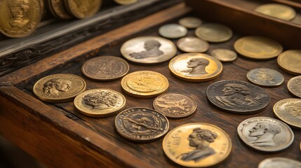 A display of antique gold coins from different eras and countries, on a wooden table
