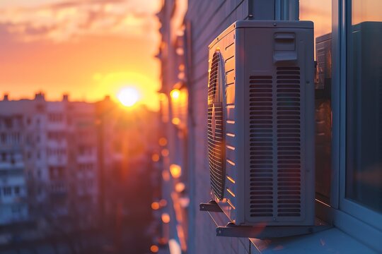 Air conditioner on the wall of apartment building with sunset light. - Powered by Adobe