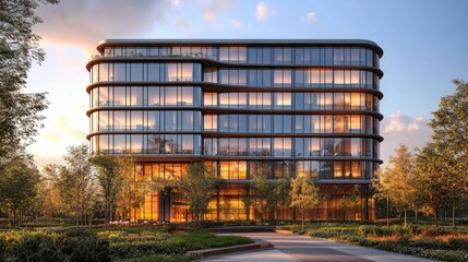 Obraz premium A sleek urban office building with a glass faÃ§ade, green terraces, and an open-concept interior, designed to foster creativity and collaboration.