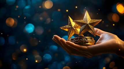 Hand Holds Golden Star Trophy Against Sparkling Bokeh Background