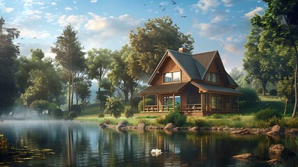Fototapeta premium Beautiful landscape with lake and old wooden house in the mountains