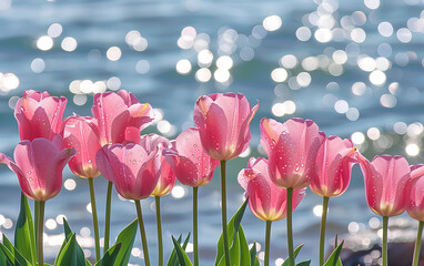 Fototapeta premium field of pink tulips in full bloom, with the sea reflecting silver light behind them. The flowers have delicate petals and vibrant colors, creating an enchanting scene in the style of the water's edge