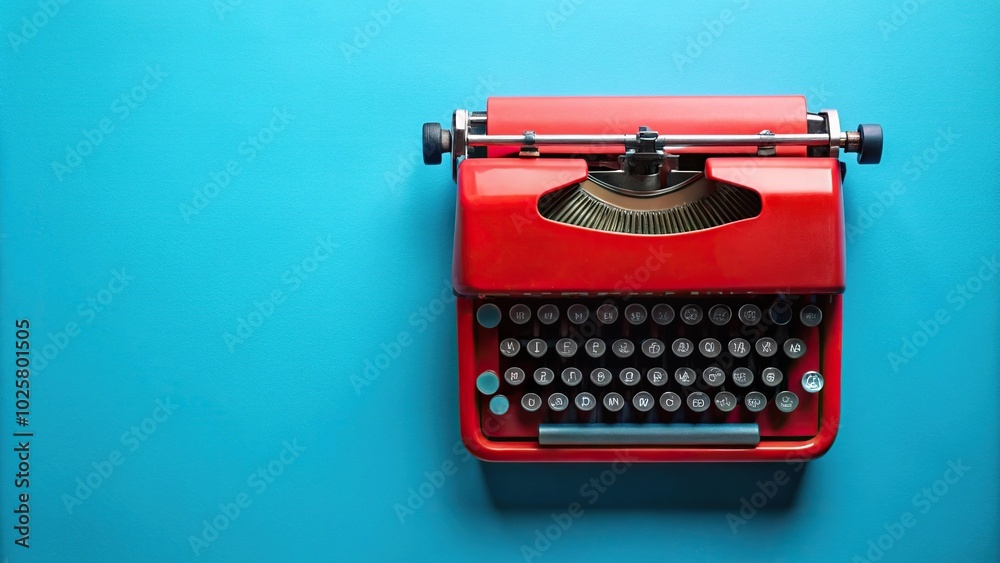 Fototapete close-up red typewriter on a blue background with copy space for antique typescript