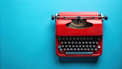 Close-Up red typewriter on a blue background with copy space for antique typescript