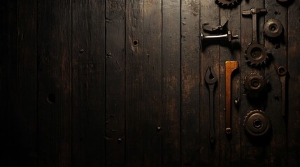 Obraz premium Vintage tools on dark wood background.