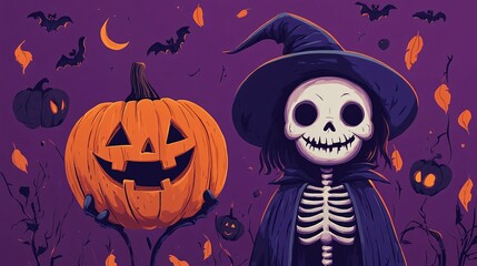 A whimsical Halloween scene featuring a skeleton witch alongside a smiling jack-o'-lantern, set against a purple backdrop with bats and autumn leaves.