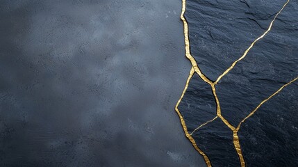 Cracked Textured Black Volcanic Stone Surface with Gold Cracks on it in Kintsugi style Representing Scars as Proof of Strength, Imperfection as Beauty