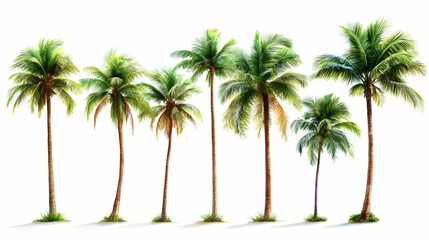 Obraz premium Seven Tall Palm Trees Stand on White Background with Grass