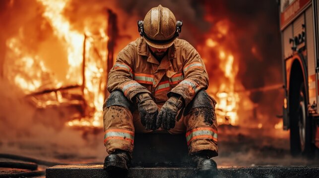 Firefighter Sitting on Steps of Fire Truck