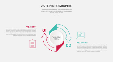 2 points template infographic outline style with 2 point stage or step comparison template with big circle arrow outline cycle circular for slide presentation