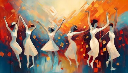 Watercolor painting capturing graceful dancers in motion, set against a vibrant abstract background, blending fluid movement with artistic expression